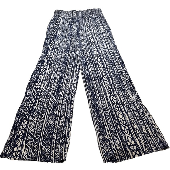 Three Dots Womens Navy White Geometric Tribal Print Wide Leg Rayon Pants Size M - Picture 2 of 9